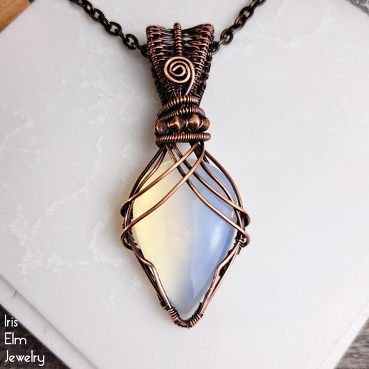 Elven Opalite Teardrop Copper Wire Wrapped Pendant Necklace