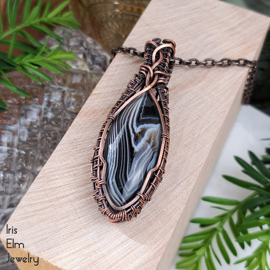 Striped Black Agate Copper Wire Wrapped Pendant Necklace