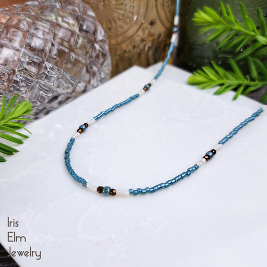 Turquoise Blue, Bronze, and White Seed Bead Layering Necklace