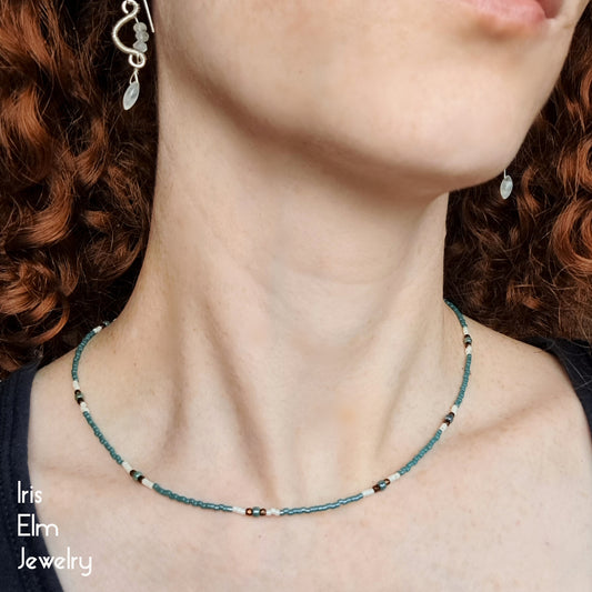 Turquoise Blue, Bronze, and White Seed Bead Layering Necklace