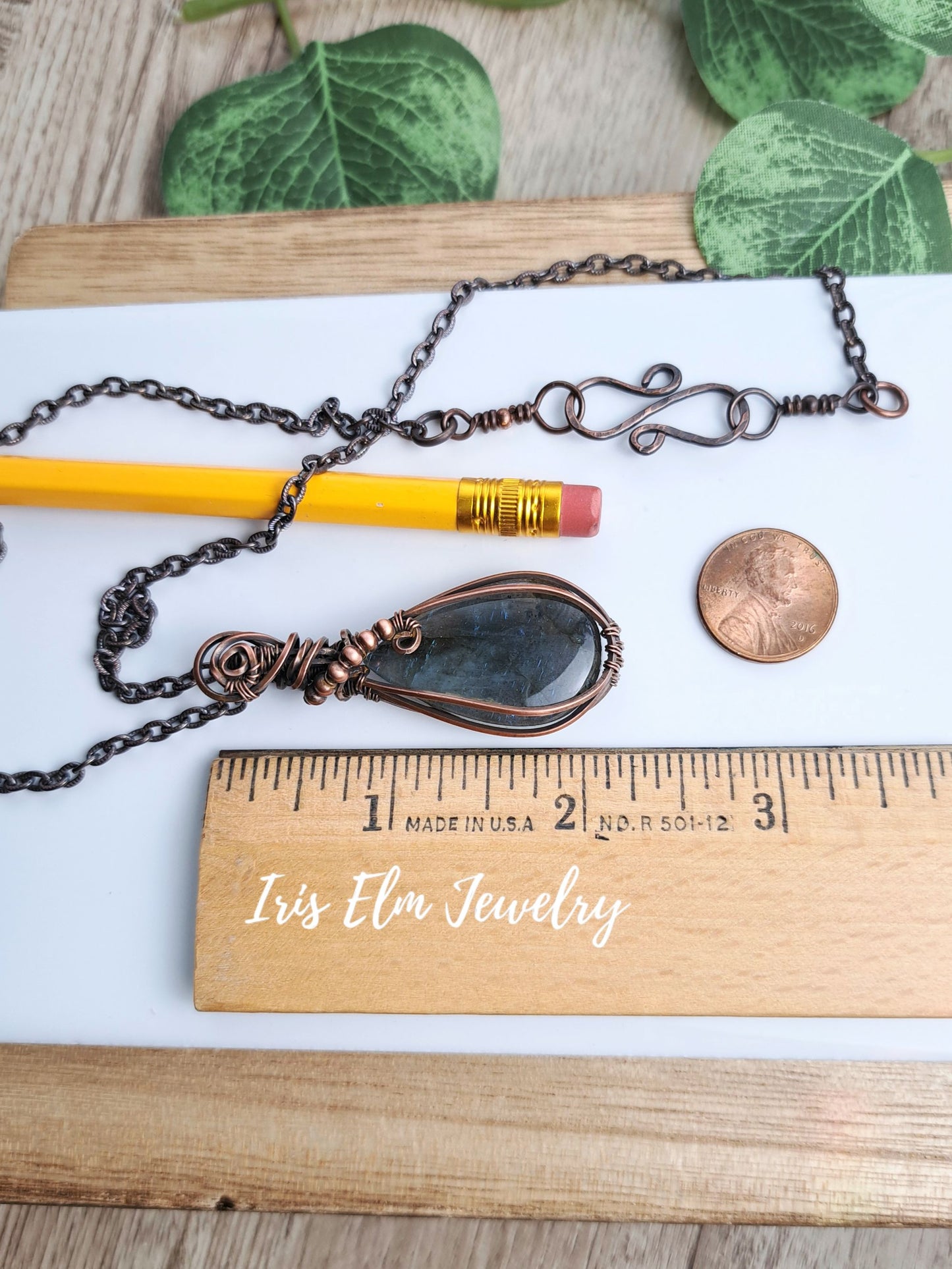 Wire Wrapped Labradorite Copper Teardrop Pendant Necklace