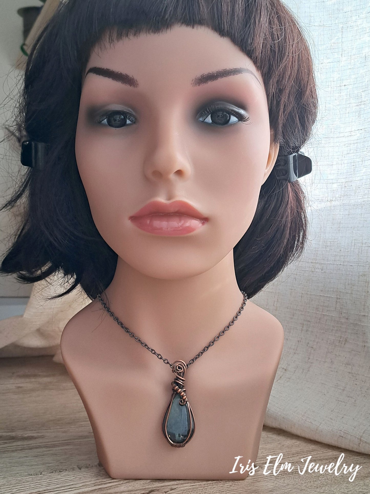 Wire Wrapped Labradorite Copper Teardrop Pendant Necklace