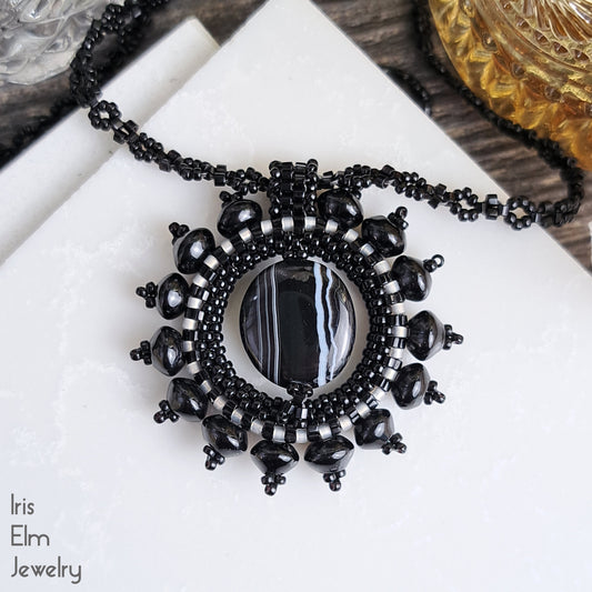 Black Agate Sunburst Beadwork Pendant Necklace