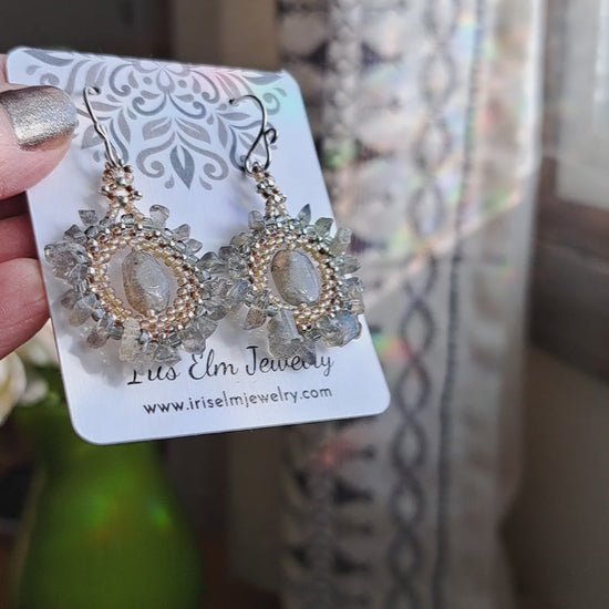 bohemian labradorite beadwork handmade earrings on a Iris Elm Jewelry branded card.