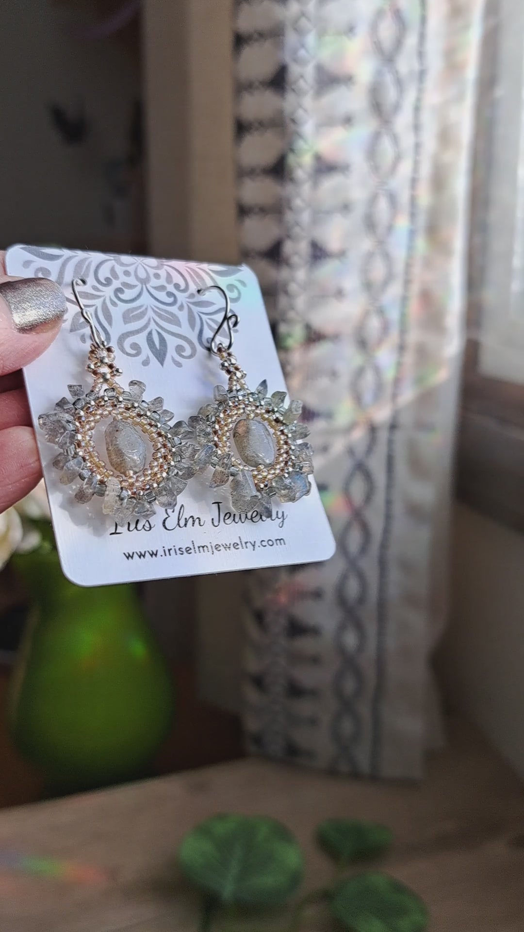 bohemian labradorite beadwork handmade earrings on a Iris Elm Jewelry branded card.